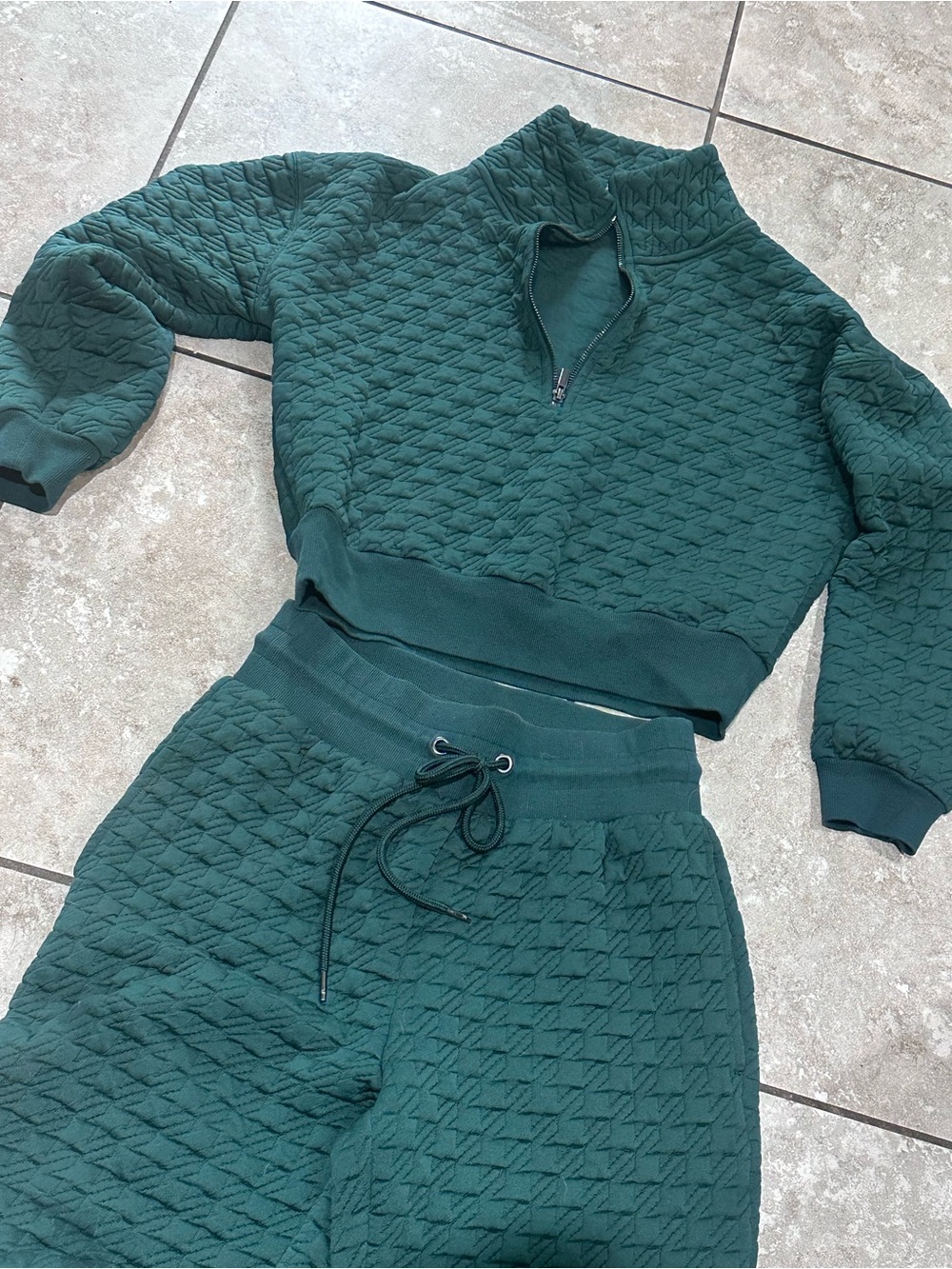 Lou & Grey Houndstooth Jacquard Half Zip Top and sweatpant set green small